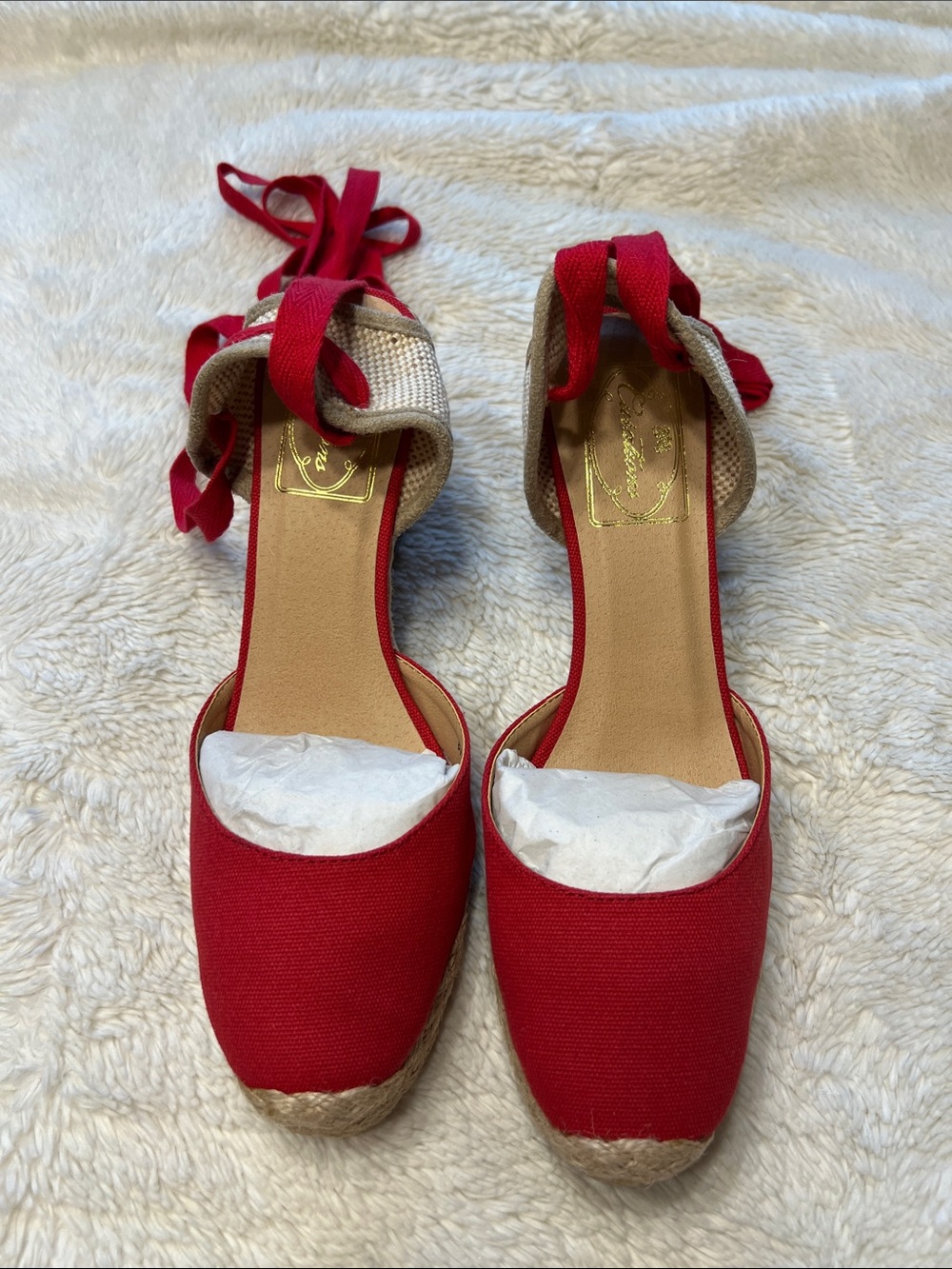 Red Espadrille Wedge Sandals ankle ribbon size 8W New